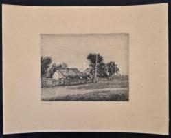 Kádár György (1912-2002): Faluvége. Rézkarc, karton, jelzett, 17×23 cm