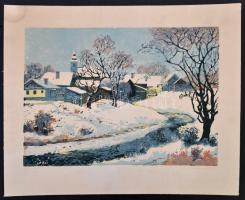 Olvashatatlan jelzéssel: Havas táj. Színes linó, karton, 24×34 cm