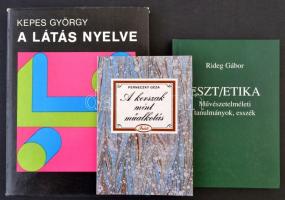 Vegyes képzőművészetis könyvtétel, 3 db:  Kepes György: A látás nyelve. Bp., 1979, Gondolat. Kiadói egészvászon kötés, kiadói papírborítóban, volt könyvtári példány. Jó állapotban. Rideg Gábor: Eszt/etika. Művészetelméleti tanulmányok, esszék. h.n, 1999, Szerzői kiadás. Kiadói kartonált papírkötés.  Perneczky Géza: A korszak, mint műalkotás. Bp., 1988, Corvina. Kiadói papírköts.