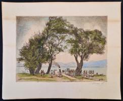 Beron Gyula (1885-1971): Balatoni komp. Színezett rézkarc, papír, jelzett, 29×40 cm