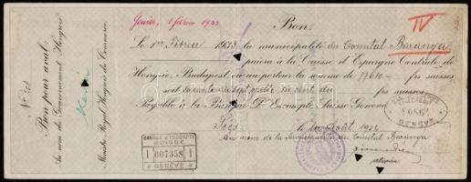 1932 Baranya vármegye törványhatóságának 77 610 Frankos váltója a Svájci Genfi banktól. Az alíspán a...