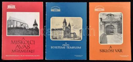 Vegyes helytörténeti tétel, Műemlékeink sorozat 5 kötete:  Gerő László: A siklósi vár.; Kuthy Sándor: A pesti Egyetemi templom.;Dercsényi Dezső, Gerő László: A sárospataki Rákóczi-vár.; Ifj. Horváth Béla: A miskolci Avas műemlékei.; Éri István: Kisvárda. Bp., 1957-1965,Képzőművészeti Alap-Pannonia. Kiadói papírkötés.