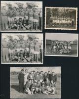 1956-1961 Heves megyei foci válogatott, illetve megyei futball csoportok, 9 db hátoldalt részben feliratozott fotó, 6x9 és 9x14 cm közötti méretekben