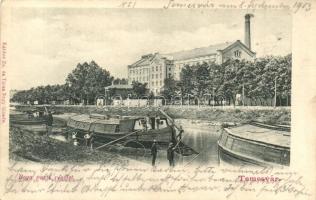 Temesvár, Timisoara; Béga parti részlet, Erzsébet malom, uszályok, Káldor Zs. és Társa kiadása / riverside, mill, barges (fa)