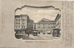 Temesvár, Timisoara; Szent György tér, 5-ös és 17-es számú villamosok, Varneky A. üzlete / square, trams, Art Nouveau frame (EK)