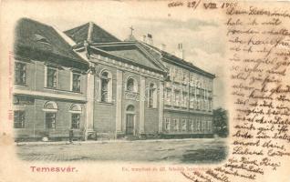 Temesvár, Timisoara; Evangélikus templom és állami felsőbb leányiskola, borpince, Wlaszlovits G. kiadása / church, girls school, wine cellar (Rb)