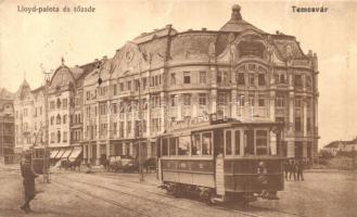 Temesvár, Timisoara; Lloyd palota és tőzsde, 18-as villamos Turul cipő reklámmal, Moravetz Testvérek kiadása / palace, tram with shoe advertisement (EK)