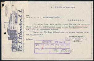 1936 Zágráb (Zagreb), Dr. A. Wander S.A. Fabrique de Produits Diétiques et Pharmatiques díszes fejléces számla / invoice