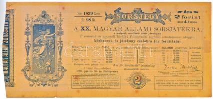 1898. A XX. Magyar Állami Sorsjáték 2Ft értékű sorsjegye T:III / Hungary 1898. A XX. Magyar Állami Sorsjáték (The 20th Hungarian State Lottery) lottery ticket in 2 Forint denomination C:F