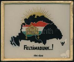 WB jelzéssel: &quot;Feltámadunk!&quot;, irredenta rajz, vegyes technika, papír, üvegezett fa keretben, 9,5×11,5 cm