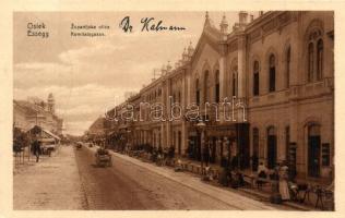 Eszék, Essegg, Osijek; Zupanijska ulica / Komitatsgasse / Megye utca, Josip Goldstein üzlete, zsinagóga, piac / street view, shops, synagogue, market (EK)