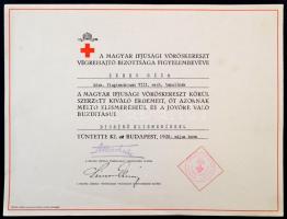 1939 Bp., A Magyar Ifjúsági Vöröskereszt Végrehajtó Bizottsága által kiállított eliímerő oklevél