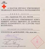 1939 Bp., A Magyar Ifjúsági Vöröskereszt Végrehajtó Bizottsága által kiállított eliímerő oklevél