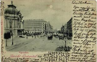 1898 Budapest XIII. Vígszínház, villamos sínfektetés, D. Halberstadt kiadása (EK)