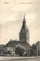 Feketehalom, Zeiden, Codlea; Evangélikus templom és Piac tér / Kirche, Marktamt / street view with church