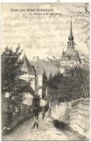 Szászkézd, Keisd, Saschiz; utcakép, Evangélikus templom és vár / Kirche, Burg / church and castle, street view