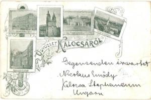 1898 Kalocsa, Zárda és árvaház, Érseki palota, Székesegyház, Főgimnázium és csillagda, Törvénykezési palota. Art Nouveau floral (kopott / worn)