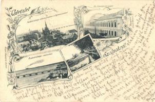 1898 Szolnok, Műmalom, Szondai gát, Református templom és gimnázium, Törvényszék. Szigeti fényképész Art Nouveau floral képeslapja (EK)