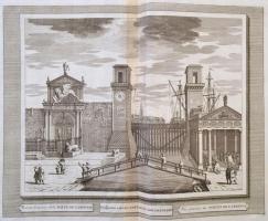 cca 1715-1750 Domenico Lovisa (1690 k.-1750 k.): Veduta esteriore della Porte de'l Arsenale, rézmetszet, papír, a szerző Il gran teatro di Venezia c. munkájából, olasz, latin és francia nyelven feliratozva, 28×34,5 cm /  cca 1715-1750 Domenico Lovisa (cca 1690-cca 1750):  copper etching, paper, from the author's Il gran teatro di Venezia, with notes in Italian, Latin and French, 28×34,5 cm