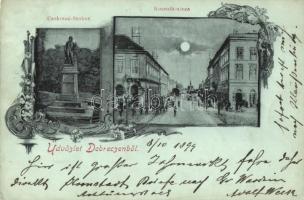 1899 Debrecen, Csokonai szobor, Kossuth utca, este. Art Nouveau floral (EK)
