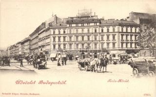 Budapest VI. Andrássy út, Teréz körút és Oktogon, Demény és Antal kerékpár üzlete, Poldi Kohó szerszámacél raktára, Duschkau Adolf cseléd intézete, Kőhegyi és Geiger, Kömlődi Jakab üzletei, Schmidt Edgar kiadása