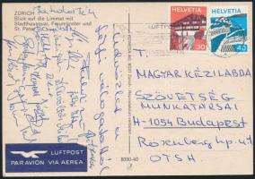 A magyar férfi kézilabda válogatott Zürichből hazaküldött képeslapja aláírásokkal