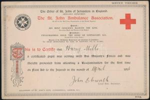 1915-1916 The St. John Ambulance Association (Vöröskereszt) által kiállított 2 db oklevél
