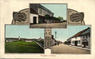 Hulín, Hulina; street view, shops, Art Nouveau (EK)