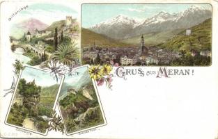 Meran, Merano (Südtirol); Gilfanlage, Zenoburg, Schloss Tirol / general view, castle, floral Art Nouveau litho (EK)