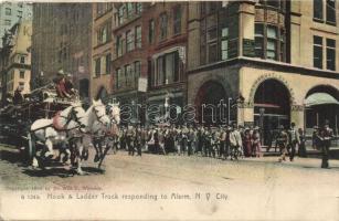 New York City, Hook & Ladder truck responding to alarm, firefighters, National Bank, L. W. Levy and Co., shops (EB)