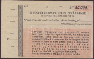 1930-as évek "Teodorovits Tódor" 50.000Ft-os csekk-reklámja T:II