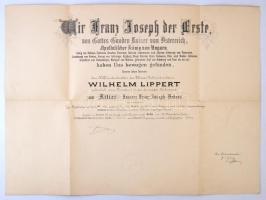 Osztrák-Magyar Monarchia 1906. "Ferenc József-rend lovagkeresztje" oklevél a rendbe való felvételről, szárazpecséttel, Ferenc József és a Rend kancellárjának aláírásával T:II / Austro-Hungarian Monarchy 1906. "Knight' Cross of the Franz Joseph Order" diploma about the acceptance to the Order, with embossed stamp and the signatures of Franz Joseph and the Order's Chancellor C:XF