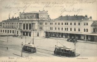 Brno, Brünn; Central-Bahnhof / railway station, trams, H. S. B. 1572. (kis szakadás / small tear)