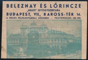 A Beleznay és Lőrincze Keleti Gyógyszertárának (Bp. VII. Baross tér) receptborítékja, rajta a pályaudvar képével