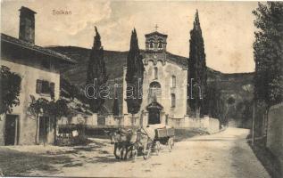 Solkan, Salcano; street view, ox cart, church (EK)