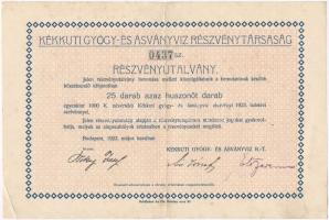 Budapest 1923. Kékkuti Gyógy- és Ásványvíz Részvénytársaság részvényutalvány 25.000K-ról T:II- fo., kis szakadás