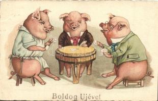 Boldog Újévet! / Pigs playing card game. litho