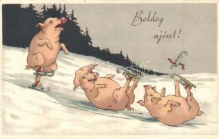 Boldog Újévet! / Pigs ice skating. litho