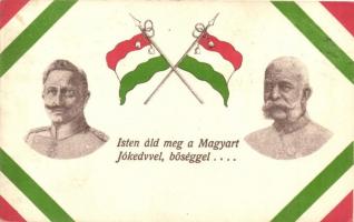Isten áldd meg a Magyart jókedvvel, bőséggel... Ferenc József, II. Vilmos / Hungarian Viribus Unitis propaganda card, Franz Joseph, Wilhelm II, flag (EK)