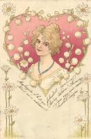 Lady, heart, flowers, Serie 306. floral Art Nouveau litho (EK)