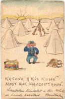 1902 Katona a kis Kohn, most már nyugodt a hon. Kézzel rajzolt képeslap / K.u.K. military, Judaica humour. Hand-painted art postcard (EB)