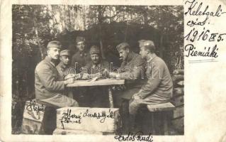 1916 Peniaky, Pieniaki (Keletgalícia); kitűnően sikerült 21-es kártya parti emlékére / WWI K.u.K. military, soldiers playing card game. photo (EB)