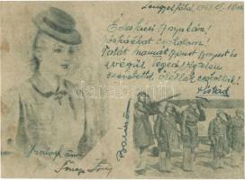 1943 II. Világháborús magyar katonai lap a Lengyelföldről pilótákkal. Tábori postai levelezőlap / WWII Hungarian military greeting card with pilots