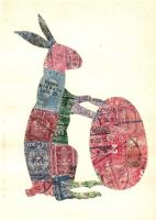 Húsvéti nyúl. Bélyegekből kivágott és összeragasztott képeslap. Budai nyomda / Easter rabbit. Made out of stamps