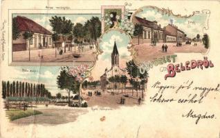 Beled, Gönye vendéglője, Fő tér, Béla major, Katolikus templom. Ludwig Kummert floral, Art Nouveau litho (fa)