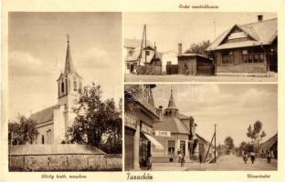 Taracköz, Teresva; Erdei vasútállomás, utca, Cikta üzlet, Görög katolikus templom / forest railway station, street, shops, church