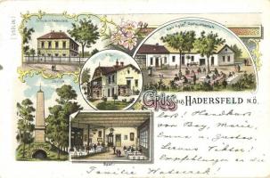 Hadersfeld (St. Andrä-Wördern), Schule, Alois Aigners Gastwirthschaft, Villa, Saal, Obelisk / school, hotel and restaurant, villa, interior hall. Art Nouveau, floral, litho