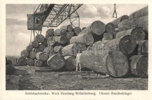 Hamburg-Wilhelmsburg, Schlobachwerke, Werk, Okumé-Rundholzlager / Locksmith works, roundwood storage