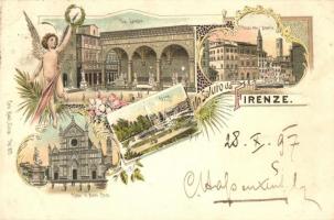 1897 Firenze, Florence; La Loggia, Piazza della Signoria, Casine, Chiesa di Santa Croce. Carlo Künzli 879. Floral, Art Nouveau, litho