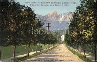 Tátralomnic, Tatranska Lomnica; templom és a Lomnici csúcs, Földes Samu kiadása / Tátralomnitzer-Kirche und die Lomnitzer Spitze / church and mountain peak (EK)